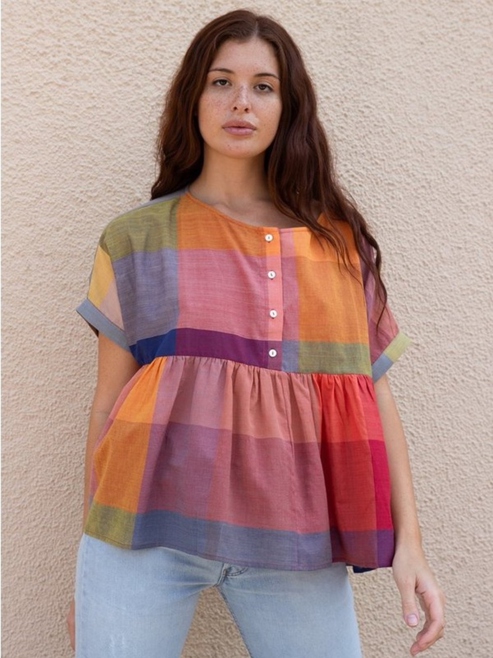 Rujuta Sheth Marni Plaid Swing Top - Multi-Color Short-Sleeve Women’s Top - Picture 2 of 6